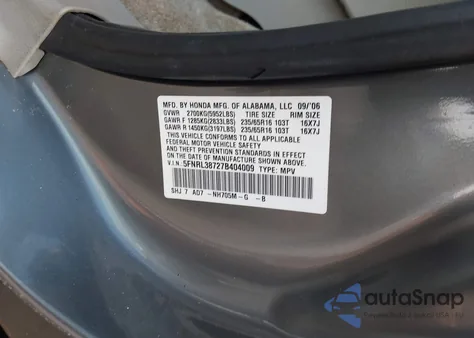 2007 Honda Odyssey Ex-L from USA, damaged, VIN 5FNRL38727B404009